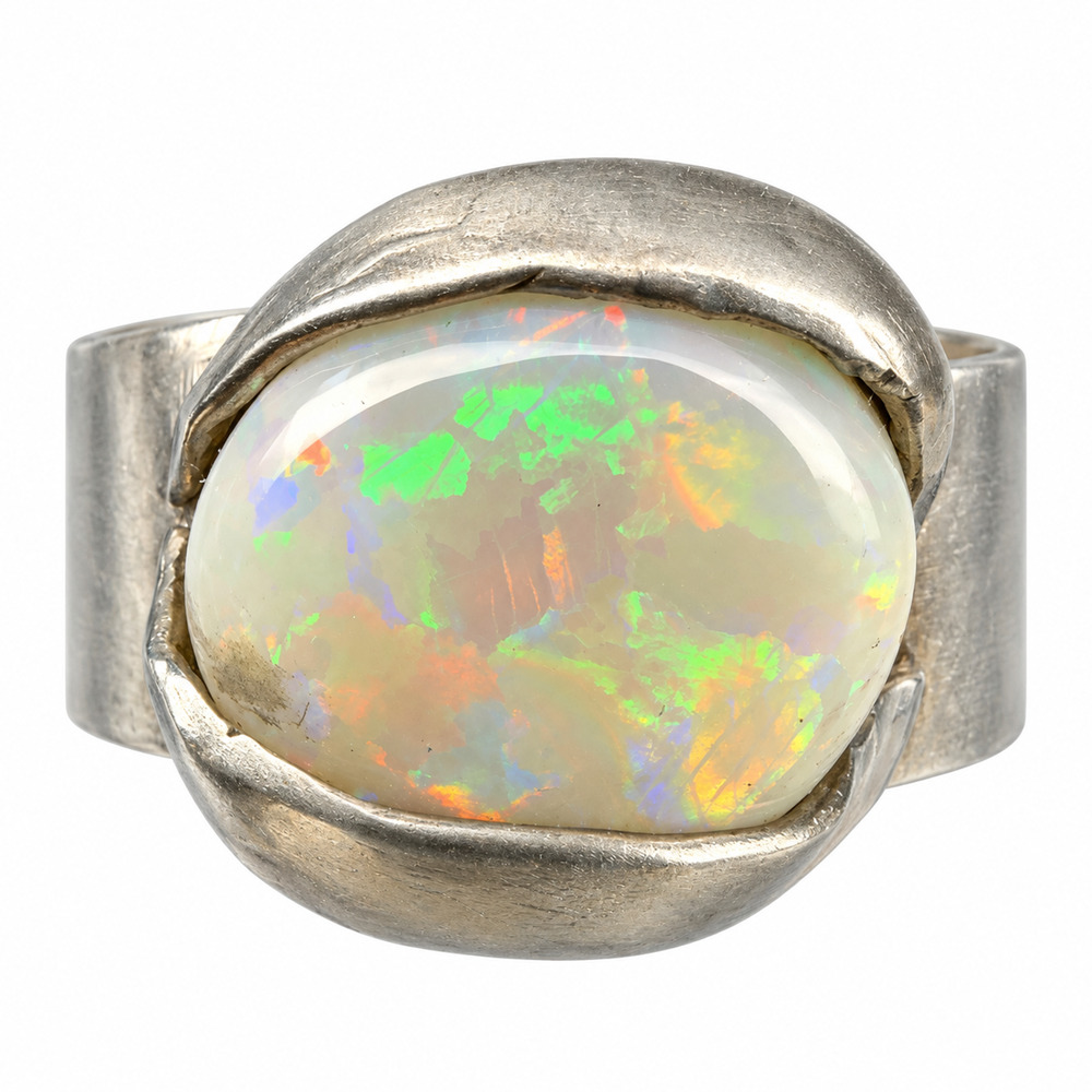 Lightning Ridge White Crystal Opal Sterling Silver Ring – Size 7 – Fantasy Eye
